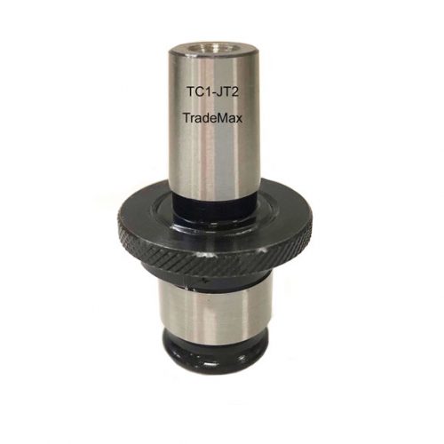 This is an image of a TradeMax drill chuck adaptor TC1-JT2. A reducing adaptor attaches to the top and the drill chuck attaches to the bottom.