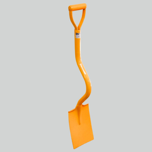 Ergonomic shovel with short bent shaft. General purpose with square blade