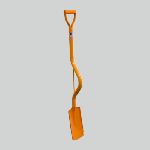 Ergonomic shovel with reinforced bent shaft, Has a square blade that is re-inforced on the side near the edge