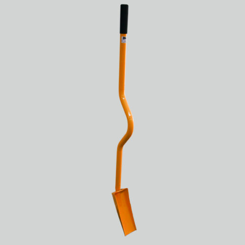 Ergonomic trench shovel with long bent shaft. Narrow blade with shallow sides.