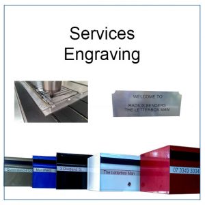 This is an image of our catalogue tile for engraving into plastic service. It features the engraver machine, a sign and a row of letterboxes with engraved strips.